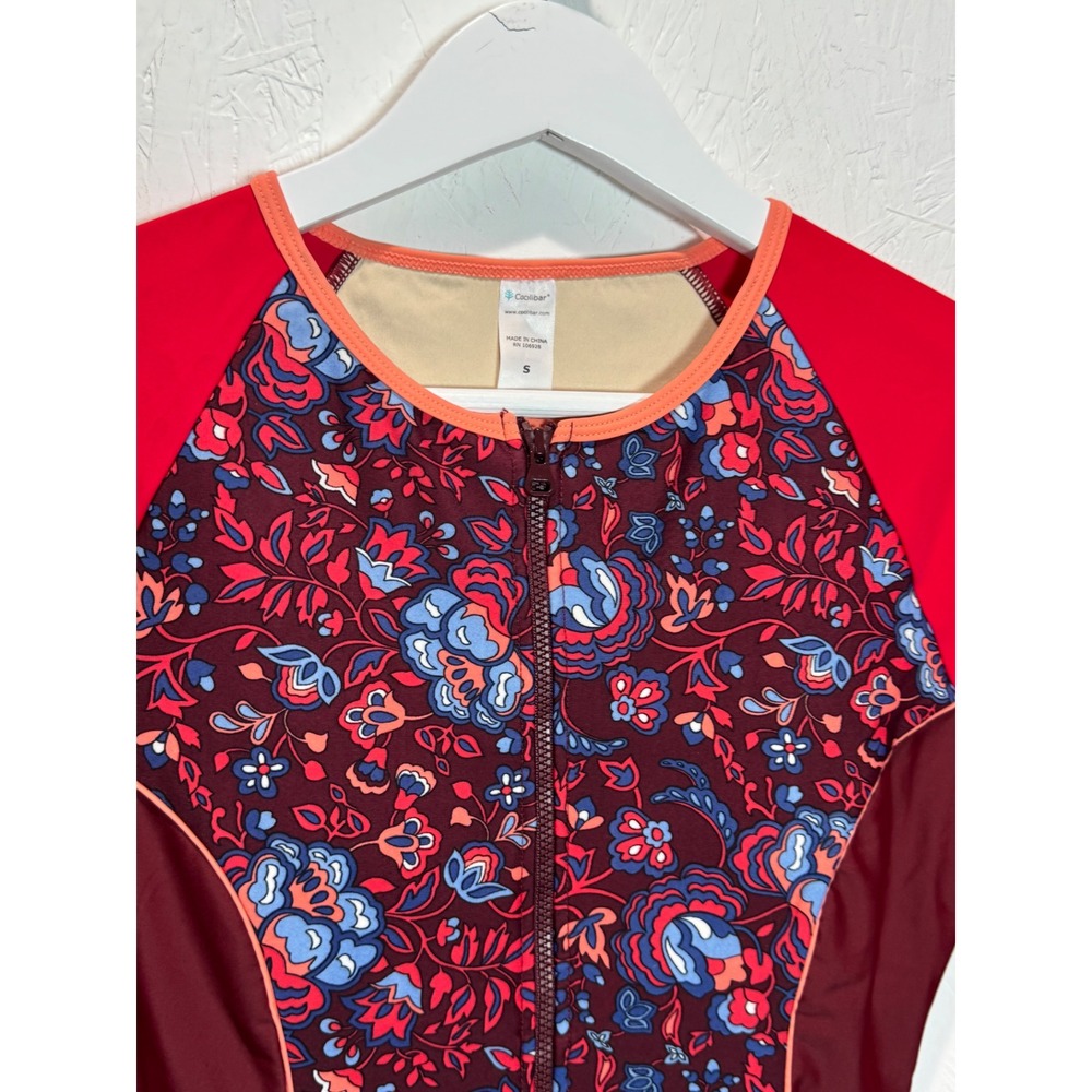 Coolibar Womens Floral Long Sleeve One Piece Swimsuit Rash Guard Red Burgundy S - Picture 2 of 5